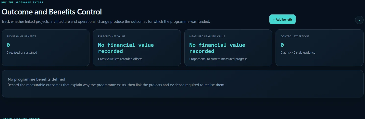AIDE Chain Outcome and Benefits Control dashboard.